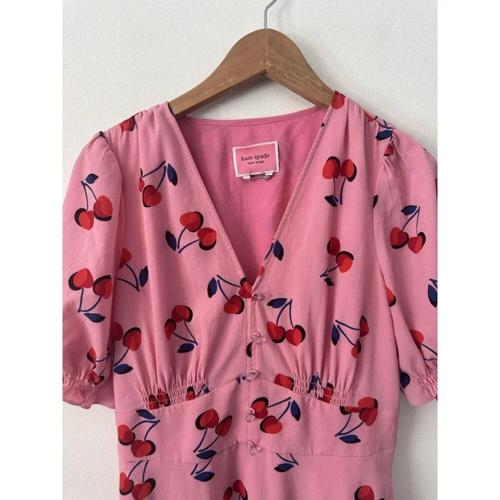 Kate Spade New York Womens Pink Cherry Print Short Sleeve Dress Pockets Size 8